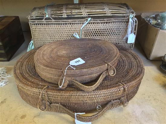 Nias woven cane back carrier and 2 Congo woven cane oval storage baskets and lids